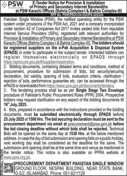 Procurement Department Pakistan Single Window Islamabad Tender Notice